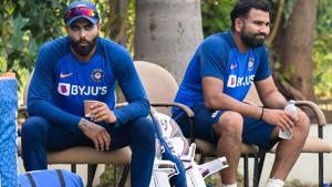 Indian cricketers Rohit Sharma (R) and Ravindra Jadeja during a practice session.(PTI) Indian cricketers Rohit Sharma (R) and Ravindra Jadeja during a practice session.(PTI)