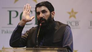 Pakistan's former cricketer Misbah-ul-Haq speaks to reporters at Qaddafi Stadium.(AP) Pakistan's former cricketer Misbah-ul-Haq speaks to reporters at Qaddafi Stadium.(AP)