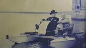 An old picture of Le Corbusier and Pierre Jeanneret in a wooden boat at Sukhna Lake in Chandigarh.(HT File Photo)