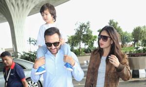Kareena Kapoor, Taimur and Saif Ali Khan leave for London.(Varinder Chawla) Kareena Kapoor, Taimur and Saif Ali Khan leave for London.(Varinder Chawla)