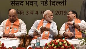 Prime Minister Narendra Modi in conversation with Union Home Minister Amit Shah, and BJP working President JP Nadda.(Sonu Mehta/HT PHOTO) Prime Minister Narendra Modi in conversation with Union Home Minister Amit Shah, and BJP working President JP Nadda.(Sonu Mehta/HT PHOTO)