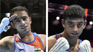 Amit Panghal and Manish Kaushik will compete in Worlds semifinals on Friday.(PTI/HT Collage) Amit Panghal and Manish Kaushik will compete in Worlds semifinals on Friday.(PTI/HT Collage)
