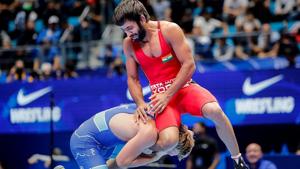 India's Bajrang Punia in action against Slovenia's David Habat.(PTI) India's Bajrang Punia in action against Slovenia's David Habat.(PTI)