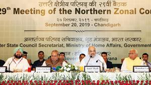 Punjab chief minister Captain Amarinder Singh, J&K governor Satya Pal Malik, Union home minister Amit Shah and Haryana chief minister Manohar Lal Khattar during the 29th meeting of the Northern Zonal Council in Chandigarh on Friday.(ANI)