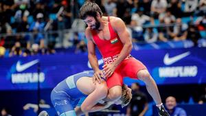 India's Bajrang Poonia in action against Slovenia's David Habat at World Wrestling Championships in Nur Sultan, Kazakhstan.(PTI) India's Bajrang Poonia in action against Slovenia's David Habat at World Wrestling Championships in Nur Sultan, Kazakhstan.(PTI)