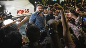 Union Minister of State for Environment, Forest and Climate Change Babul Supriyo was manhandled by students in the campus of the Jadavpur University in Kolkata on Thursday.(Samir Jana/HT Photo) Union Minister of State for Environment, Forest and Climate Change Babul Supriyo was manhandled by students in the campus of the Jadavpur University in Kolkata on Thursday.(Samir Jana/HT Photo)