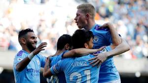 Manchester City's Bernardo Silva celebrates scoring their sixth goal with teammates.(REUTERS) Manchester City's Bernardo Silva celebrates scoring their sixth goal with teammates.(REUTERS)