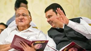 President of NCP Mr. Sharad Pawar and Maharashtra Chief Minister Devendra Fadnavis during 61st Birthday celebration of Mr.Dilip Walse Patil and Gauravgranth Prakashan at Ravindranatya Mandir, Prabhadevi in Mumbai. (Photo by Pratik Chorge/Hindustan Times) President of NCP Mr. Sharad Pawar and Maharashtra Chief Minister Devendra Fadnavis during 61st Birthday celebration of Mr.Dilip Walse Patil and Gauravgranth Prakashan at Ravindranatya Mandir, Prabhadevi in Mumbai. (Photo by Pratik Chorge/Hindustan Times)