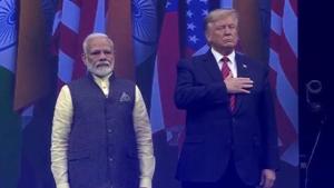 Prime Minister Narendra Modi and US President Donald Trump at Houston’s packed NRG stadium on Sunday.(TEXAS INDIA FORUM) Prime Minister Narendra Modi and US President Donald Trump at Houston’s packed NRG stadium on Sunday.(TEXAS INDIA FORUM)
