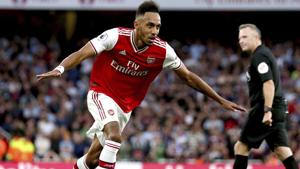 Arsenal's Pierre-Emerick Aubameyang celebrates scoring against Aston Villa.(AP) Arsenal's Pierre-Emerick Aubameyang celebrates scoring against Aston Villa.(AP)