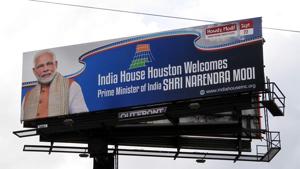 Hoarding of Prime Minister Narendra Modi being placed near NRG Stadium in Houston before his 'Howdy Modi' event.(ANI Photo) Hoarding of Prime Minister Narendra Modi being placed near NRG Stadium in Houston before his 'Howdy Modi' event.(ANI Photo)