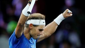 Team Europe's Rafael Nadal celebrates winning his singles match against Team World's Milos Raonic.(REUTERS) Team Europe's Rafael Nadal celebrates winning his singles match against Team World's Milos Raonic.(REUTERS)
