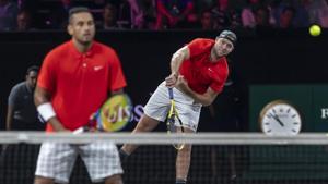 Team World's Nick Kyrgios, left, and Jack Sock play Team Europe's Rafael Nadal and Stefanos Tsitsipas during a doubles tennis match at the Laver Cup tennis event in Geneva on Saturday, Sept. 21, 2019(AP) Team World's Nick Kyrgios, left, and Jack Sock play Team Europe's Rafael Nadal and Stefanos Tsitsipas during a doubles tennis match at the Laver Cup tennis event in Geneva on Saturday, Sept. 21, 2019(AP)