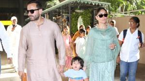 Saif Ali Khan, Kareena Kapoor and Taimur at the Mumbai airport.(Varinder Chawla) Saif Ali Khan, Kareena Kapoor and Taimur at the Mumbai airport.(Varinder Chawla)