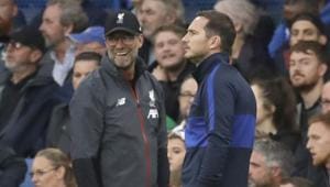 Liverpool's manager Jurgen Klopp, left, salutes Chelsea's head coach Frank Lampard(AP) Liverpool's manager Jurgen Klopp, left, salutes Chelsea's head coach Frank Lampard(AP)