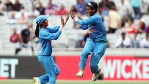 Deepti Sharma celebrates during the T20I encounter between India and South Africa.(Twitter)