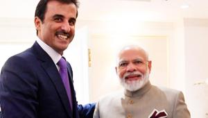 Prime Minister Narendra Modi shakes with Emir of Qatar, Tamim bin Hamad Al Thani during a bilateral meeting in New York on Monday.(PTI Photo) Prime Minister Narendra Modi shakes with Emir of Qatar, Tamim bin Hamad Al Thani during a bilateral meeting in New York on Monday.(PTI Photo)