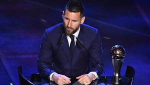 FC Barcelona's Lionel Messi speaks after winning the Best FIFA Men's player award.(REUTERS) FC Barcelona's Lionel Messi speaks after winning the Best FIFA Men's player award.(REUTERS)