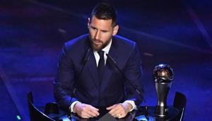 Barcelona's Lionel Messi speaks after winning the Best FIFA Men's player award(REUTERS) Barcelona's Lionel Messi speaks after winning the Best FIFA Men's player award(REUTERS)