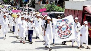 School takes out rally on World Peace Day.(HT) School takes out rally on World Peace Day.(HT)