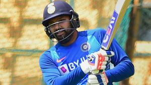 Rohit Sharma bats in the nets during a practice session.(PTI) Rohit Sharma bats in the nets during a practice session.(PTI)