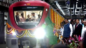 Maharashtra CM Devendra Fadnavis flags off trial run of Metro Rail at Metro Yard Taloja in Navi Mumbai.(Photo by Bachchan Kumar/ Hindustan Times) Maharashtra CM Devendra Fadnavis flags off trial run of Metro Rail at Metro Yard Taloja in Navi Mumbai.(Photo by Bachchan Kumar/ Hindustan Times)