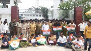 A dharna infront of police HQ, Agartala, led by Sadar dist mahila Congress. (Photo: @TripuraPMC) A dharna infront of police HQ, Agartala, led by Sadar dist mahila Congress. (Photo: @TripuraPMC)