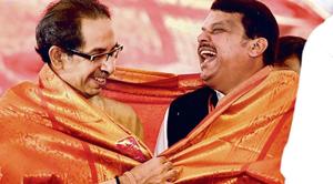 Shiv Sena chief Uddhav Thackeray and chief minister Devendra Fadnavis, at a function in Vashi, on Wednesday.(Bachchan kumar/HT) Shiv Sena chief Uddhav Thackeray and chief minister Devendra Fadnavis, at a function in Vashi, on Wednesday.(Bachchan kumar/HT)