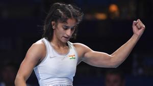 Vinesh Phogat of India reacts as she won the bronze match of the women's 53kg category against Maria Prevolaraki of Greece.(AP) Vinesh Phogat of India reacts as she won the bronze match of the women's 53kg category against Maria Prevolaraki of Greece.(AP)