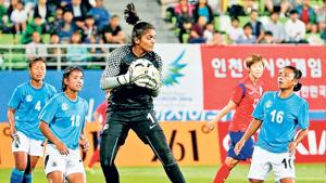 Indian national women’s football team goalkeeper Aditi Chauhan during a match at the Incheon Asian Games. Indian national women’s football team goalkeeper Aditi Chauhan during a match at the Incheon Asian Games.