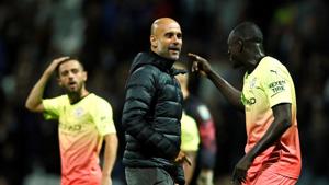 Manchester City manager Pep Guardiola celebrates with Benjamin Mendy.(Action Images via Reuters) Manchester City manager Pep Guardiola celebrates with Benjamin Mendy.(Action Images via Reuters)