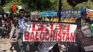 People hold a banner of 'Free Balochistan' during a protest, outside U.N. headquarters in New York.(ANI Photo) People hold a banner of 'Free Balochistan' during a protest, outside U.N. headquarters in New York.(ANI Photo)