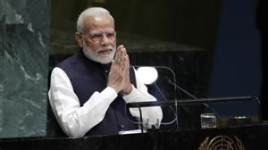 Modi’s address to the UN General Assembly, as officials had said well in advance, made no reference to the Kashmir issue or tensions with Pakistan.(AP photo) Modi’s address to the UN General Assembly, as officials had said well in advance, made no reference to the Kashmir issue or tensions with Pakistan.(AP photo)