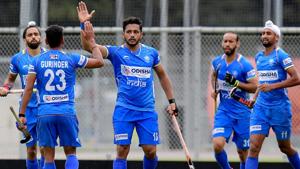 Harmanpreet Singh celebrates after scoring his second goal.(Frank Uijlenbroek/Hockey India) Harmanpreet Singh celebrates after scoring his second goal.(Frank Uijlenbroek/Hockey India)
