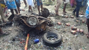 The remains of the van that exploded inTamil nadu’s Villupuram district on Monday(HT PHOTO) The remains of the van that exploded inTamil nadu’s Villupuram district on Monday(HT PHOTO)