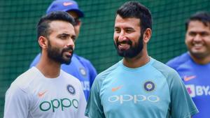 Indian cricket team test players Ajinkya Rahane and Cheteshwar Pujara during a practice session.(PTI) Indian cricket team test players Ajinkya Rahane and Cheteshwar Pujara during a practice session.(PTI)