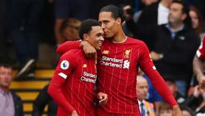 Liverpool's Trent Alexander-Arnold celebrates scoring their first goal with Virgil van Dijk.(REUTERS) Liverpool's Trent Alexander-Arnold celebrates scoring their first goal with Virgil van Dijk.(REUTERS)