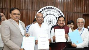 (From L-R) Prof TG Sitharam, Director, IIT Guwahati, Prof Anil D Sahasrabudhe, Chairman, AICTE and MHRD Minister Shri Ramesh Pokhriyal with MoU. (From L-R) Prof TG Sitharam, Director, IIT Guwahati, Prof Anil D Sahasrabudhe, Chairman, AICTE and MHRD Minister Shri Ramesh Pokhriyal with MoU.
