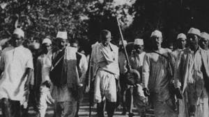 At 6.30 am, on March 12, 1930 MK Gandhi, accompanied by co-marchers, left the Sabarmati ashram for Dandi, a coastal village in Gujarat.(HT Photo) At 6.30 am, on March 12, 1930 MK Gandhi, accompanied by co-marchers, left the Sabarmati ashram for Dandi, a coastal village in Gujarat.(HT Photo)