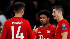 Bayern Munich's Serge Gnabry celebrates scoring their fifth goal with teammates Ivan Perisic and Robert Lewandowski.(Action Images via Reuters) Bayern Munich's Serge Gnabry celebrates scoring their fifth goal with teammates Ivan Perisic and Robert Lewandowski.(Action Images via Reuters)