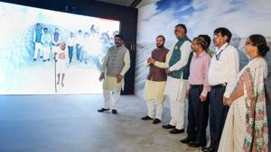 Union Ministers Prakash Javadekar, Dharmendra Pradhan and Prahlad Singh Patel inaugurate an interactive digital exhibition on 150th birth anniversary of Mahatma Gandhi in New Delhi on Wednesday.(PTI Photo) Union Ministers Prakash Javadekar, Dharmendra Pradhan and Prahlad Singh Patel inaugurate an interactive digital exhibition on 150th birth anniversary of Mahatma Gandhi in New Delhi on Wednesday.(PTI Photo)
