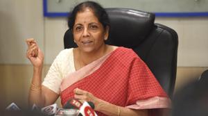 Finance Minister Nirmala Sitharaman at a press conference after her meeting with Private Sector Banks and other Financial Institutions in New Delhi on Thursday.(Raj K Raj/HT PHOTO) Finance Minister Nirmala Sitharaman at a press conference after her meeting with Private Sector Banks and other Financial Institutions in New Delhi on Thursday.(Raj K Raj/HT PHOTO)
