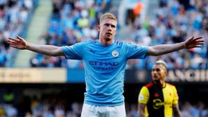 Soccer Football - Premier League - Manchester City v Watford - Etihad Stadium, Manchester, Britain - September 21, 2019 Manchester City's Kevin De Bruyne celebrates scoring their eighth goal(REUTERS) Soccer Football - Premier League - Manchester City v Watford - Etihad Stadium, Manchester, Britain - September 21, 2019 Manchester City's Kevin De Bruyne celebrates scoring their eighth goal(REUTERS)