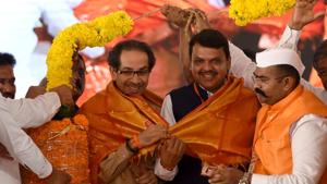 Maharashtra CM Devendra Fadnavis & Shiv Sena Chief Uddhav Thackeray seen together at an event. BJP-Shiv Sena have come to terms regarding assembly seat sharing.(Hindustan Times) Maharashtra CM Devendra Fadnavis & Shiv Sena Chief Uddhav Thackeray seen together at an event. BJP-Shiv Sena have come to terms regarding assembly seat sharing.(Hindustan Times)