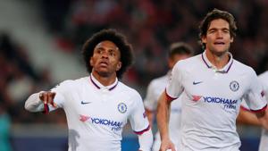 Soccer Football - Champions League - Group H - Lille v Chelsea - Stade Pierre-Mauroy, Lille, France - October 2, 2019 Chelsea's Willian celebrates scoring their second goal with Marcos Alonso(Action Images via Reuters) Soccer Football - Champions League - Group H - Lille v Chelsea - Stade Pierre-Mauroy, Lille, France - October 2, 2019 Chelsea's Willian celebrates scoring their second goal with Marcos Alonso(Action Images via Reuters)