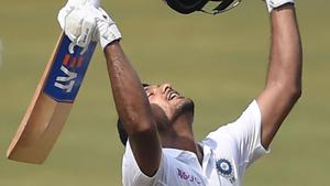 Visakhapatnam: India's Mayank Agarwal raises his bat after scoring maiden double century.(PTI) Visakhapatnam: India's Mayank Agarwal raises his bat after scoring maiden double century.(PTI)
