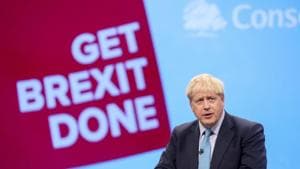 Boris Johnson delivers his keynote speech on the closing day of the annual Conservative Party conference at Manchester Central in Manchester, UK.(Bloomberg photo) Boris Johnson delivers his keynote speech on the closing day of the annual Conservative Party conference at Manchester Central in Manchester, UK.(Bloomberg photo)