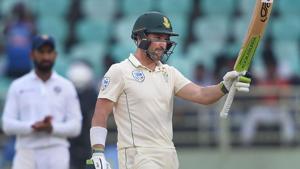 Dean Elgar during the third day of 1st Test match between India and South Africa.(PTI) Dean Elgar during the third day of 1st Test match between India and South Africa.(PTI)
