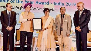 (From left) Jubilant Bhartia Group chairman Shyam S Bhartia, Union minister Hardeep Singh Puri, NGO EnAble India’s Shanti Raghavan and Dipesh Sutariya, and Jubilant Bhartia Group co-chairman Hari S Bhartia at the 10th Social Entrepreneur of the Year Award in New Delhi on Thursday.(Sanjeev Verma/HT PHOTO) (From left) Jubilant Bhartia Group chairman Shyam S Bhartia, Union minister Hardeep Singh Puri, NGO EnAble India’s Shanti Raghavan and Dipesh Sutariya, and Jubilant Bhartia Group co-chairman Hari S Bhartia at the 10th Social Entrepreneur of the Year Award in New Delhi on Thursday.(Sanjeev Verma/HT PHOTO)