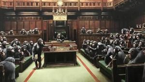 Devolved Parliament more than comfortably surpassed its estimated price tag of 1.5 million to 2 million pounds, with the auctioneer declaring “history being made” at one point.(Instagram/Banksy) Devolved Parliament more than comfortably surpassed its estimated price tag of 1.5 million to 2 million pounds, with the auctioneer declaring “history being made” at one point.(Instagram/Banksy)